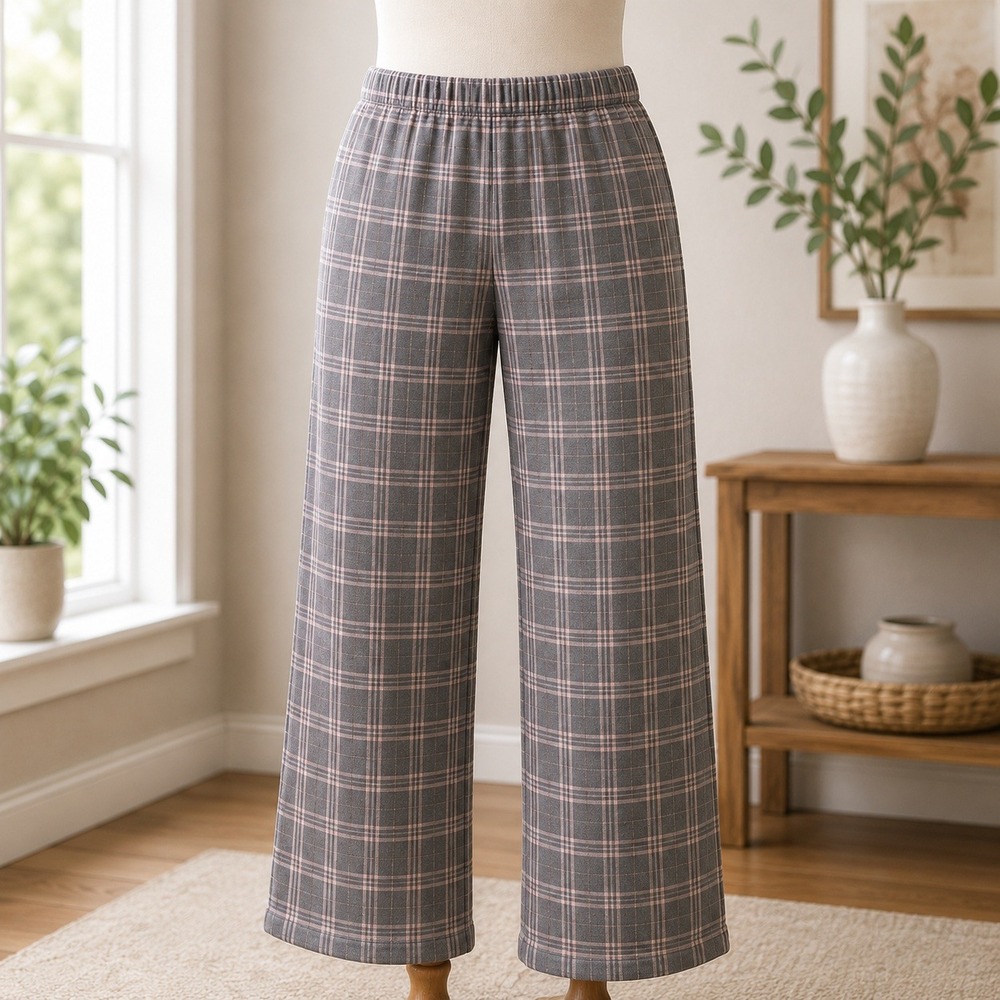 NEW Susan Graver Plaid Pull On Pants LP Grey Cuffed Straight Leg Trousers